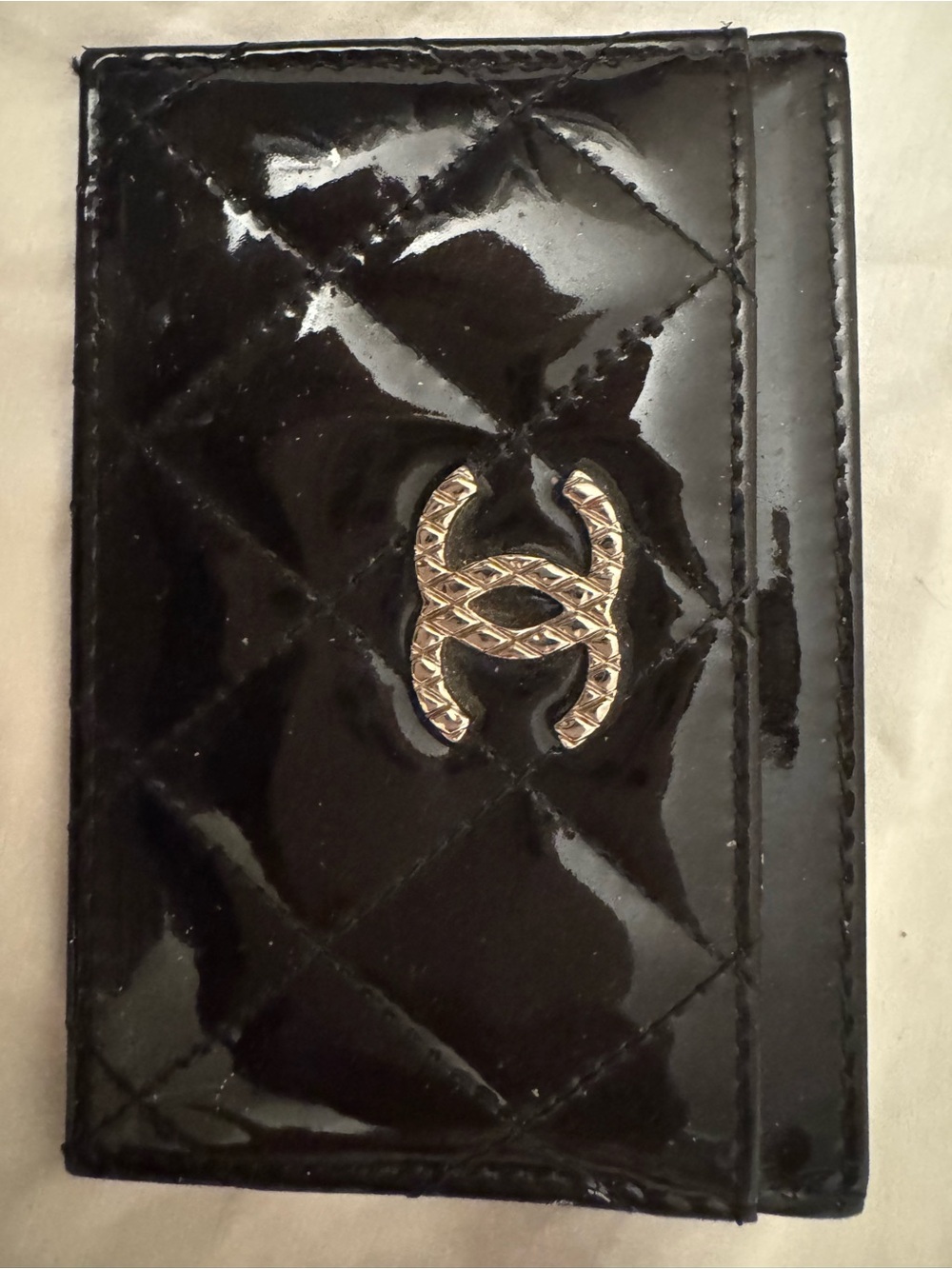 CHANEL Black Quilted Patent Leather Card Case with Silver CC Motif